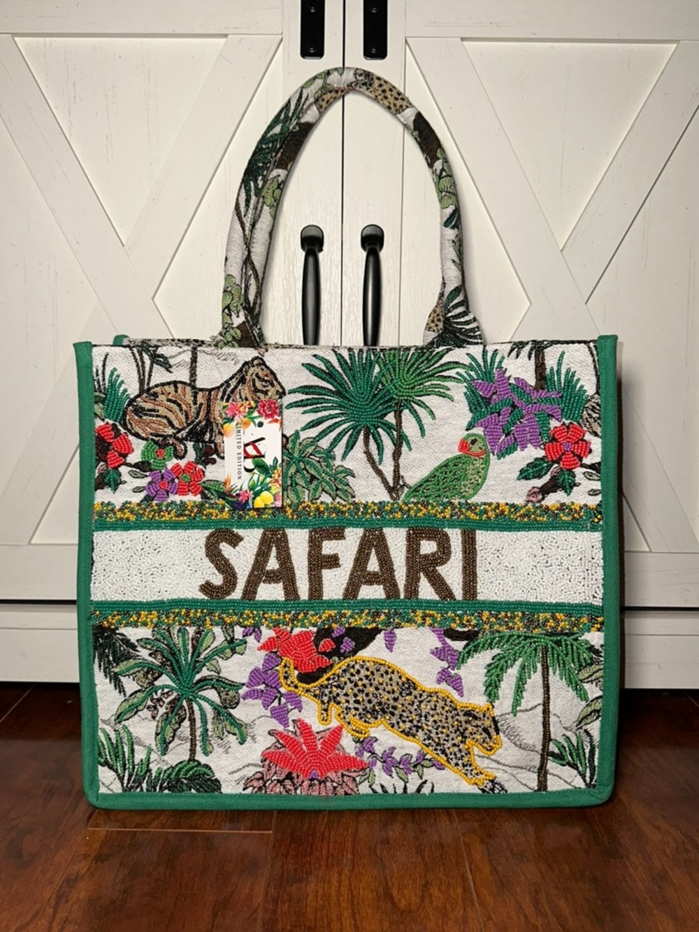Handcrafted in India Safari Embroidered Tropical Tote Bag with Green Accents